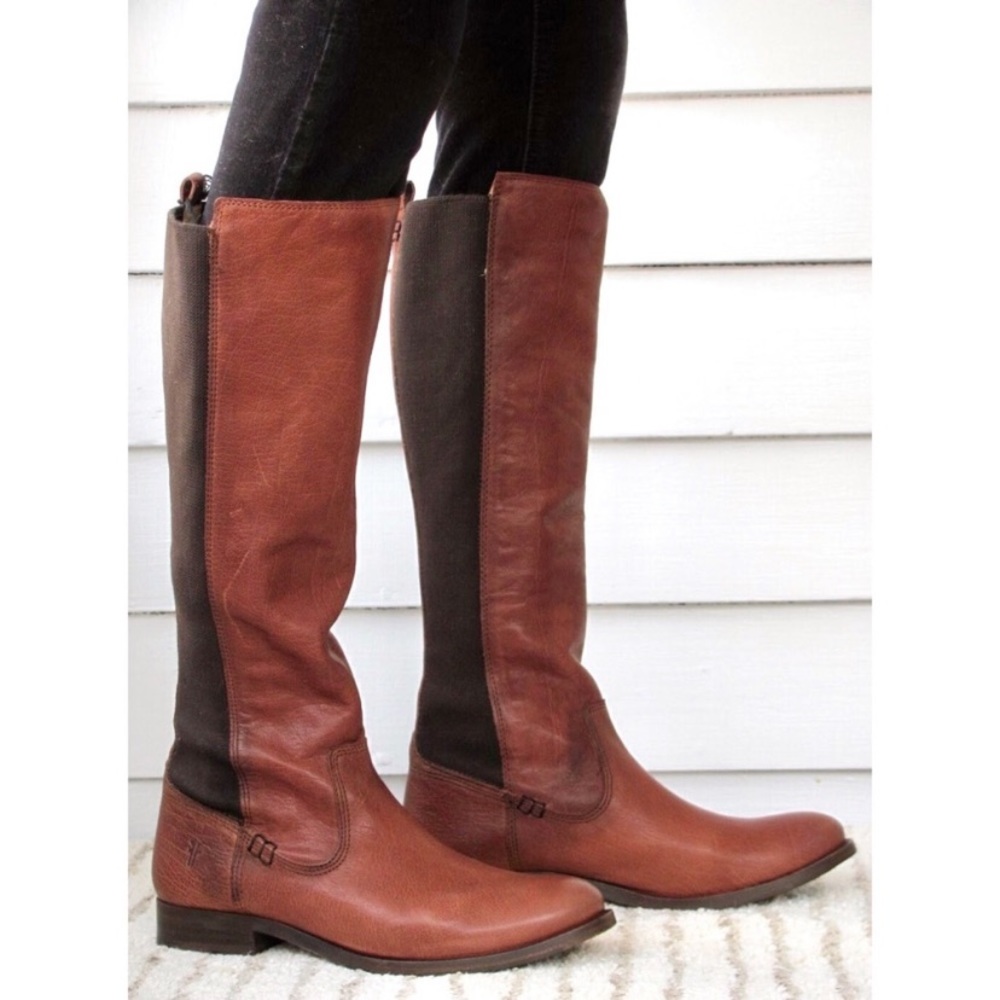 Frye Molly Gore Brown Tall Elastic Panel Riding Boots